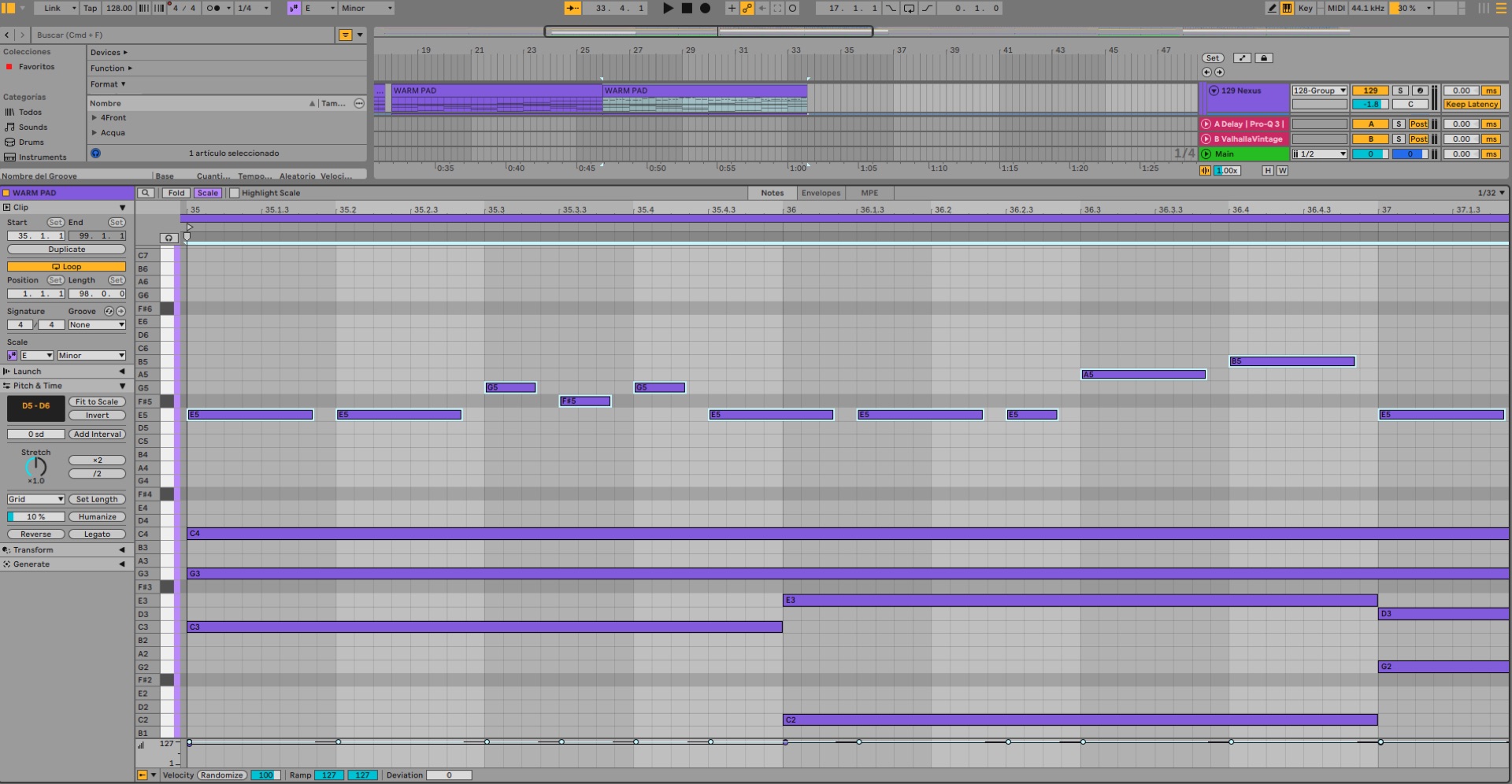 Edición MIDI de un pad con su automatización de velocidad